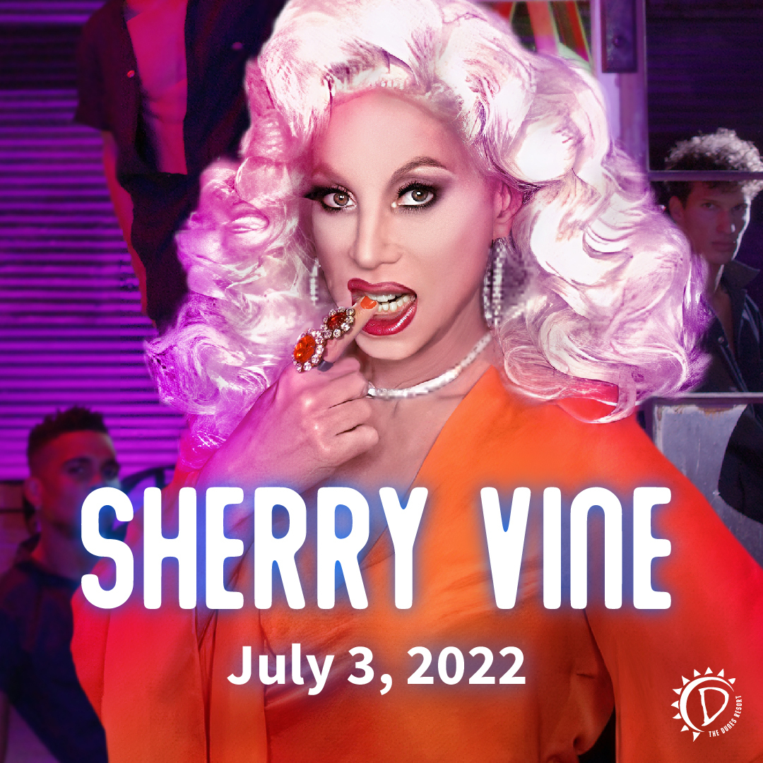 Sherry Vine standing with pink hair behind the text, "Sherry Vine July 3, 2022"