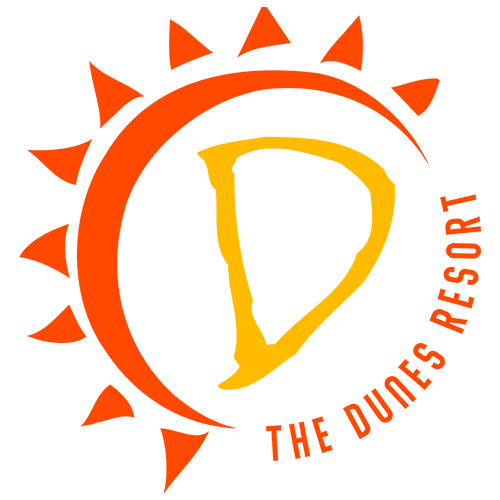 Orange and yellow Dunes Resort logo on translucent background.