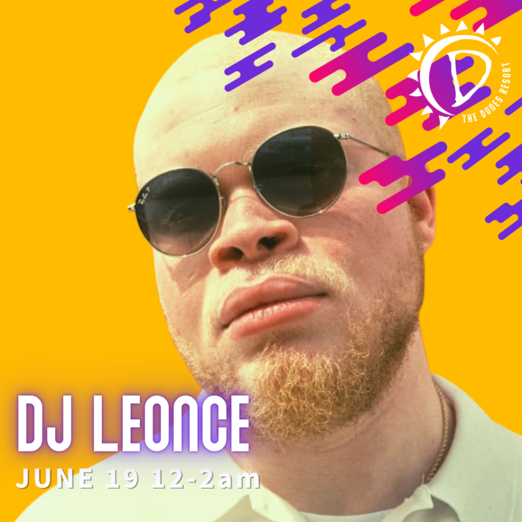 DJ Leonce on a yellow background with purple clouds