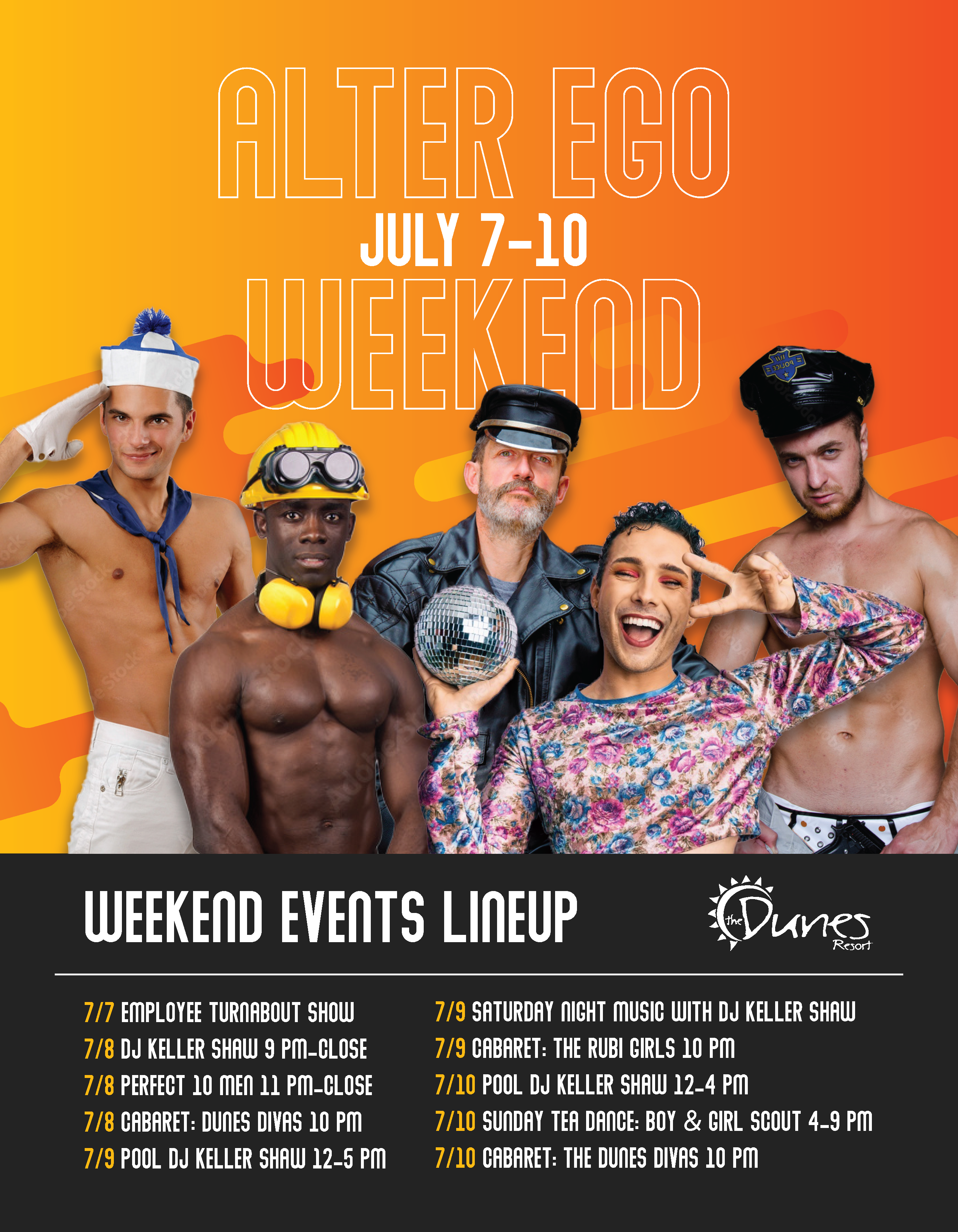 Five men dressed in various costume under the text "Alter Ego Weekend"
