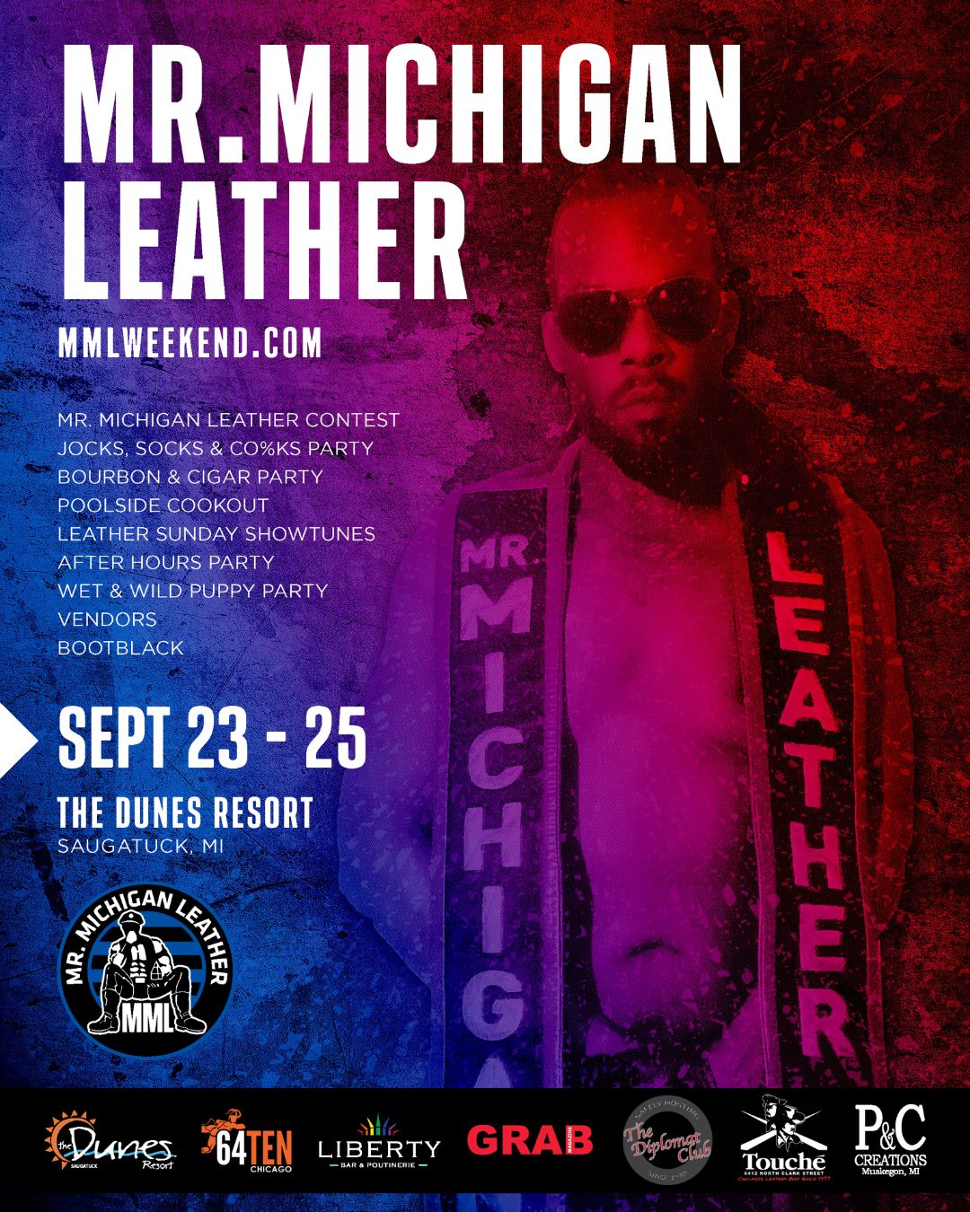 A man with sunglasses and a sash that reads, "Mr. Michigan Leather" posing without a shirt on