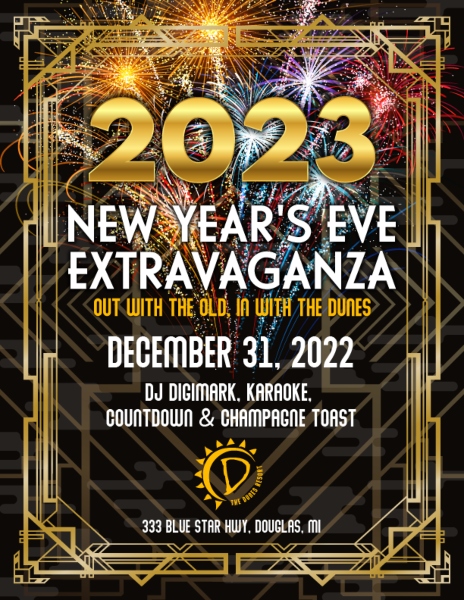 2023 New Year's Eve Extravaganza! December 31, 2022, featuring DJ Digimark, karaoke, countdown, and champagne toast.