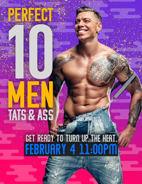 A ripped man with tattoos smiles shirtless and in jeans "Perfect 10 Men"