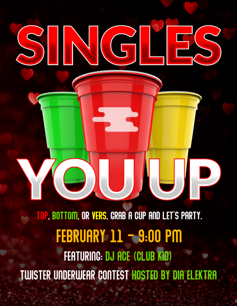 A red, green, and yellow solo cup sit in a triangle "Singles, You Up"
