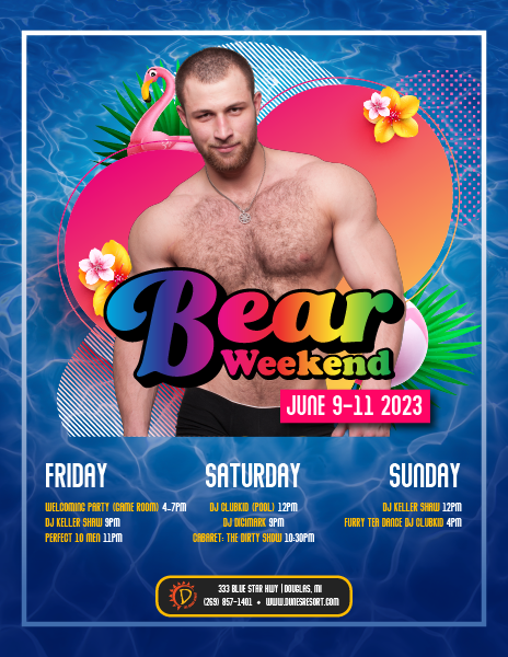 A big burly man with hair on his chest poses and smiles "Bear Weekend"