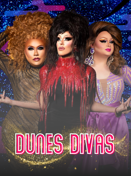 Dunes Divas posing in front of a glitter background
