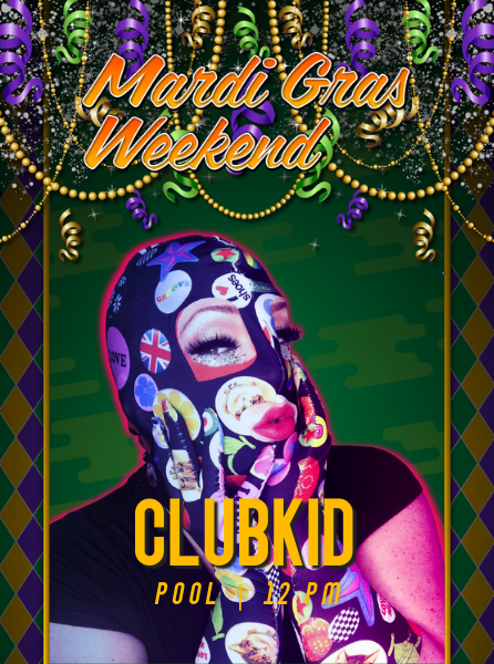DJ ClubKid wears a colorful mask and puts their hands on their face