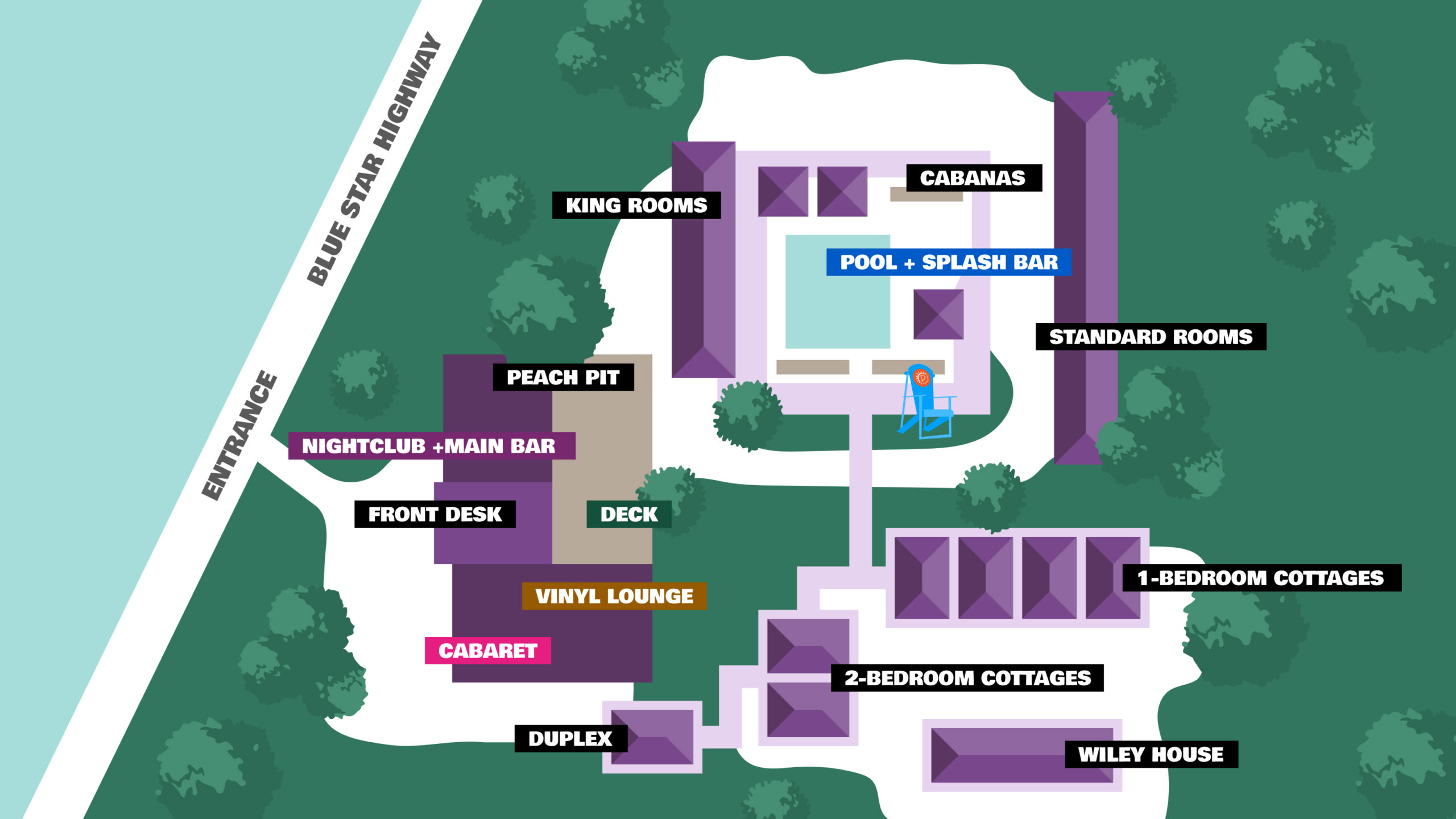 An illustrated top-down map of the full resort, with Blue Star Highway on the left.